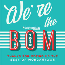 A blue background with the words "We're the BOM - Thanks for voting us the Best of Morgantown 2020" in red and white script.