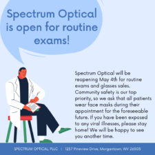 Spectrum Optical is open for routine exams! A doctor says these words while seated against a blue background.