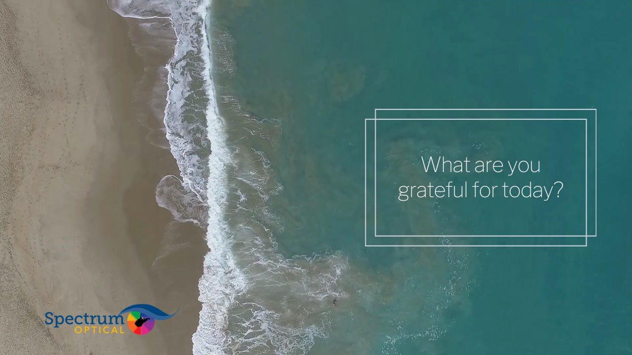 An image shows waves crashing on a beach with the words, "what are you grateful for today?"