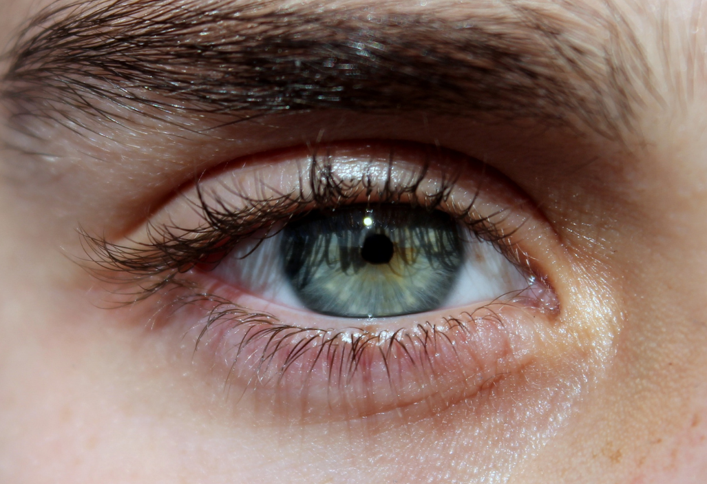 office information surrounds a close up photo of a man's blue eye