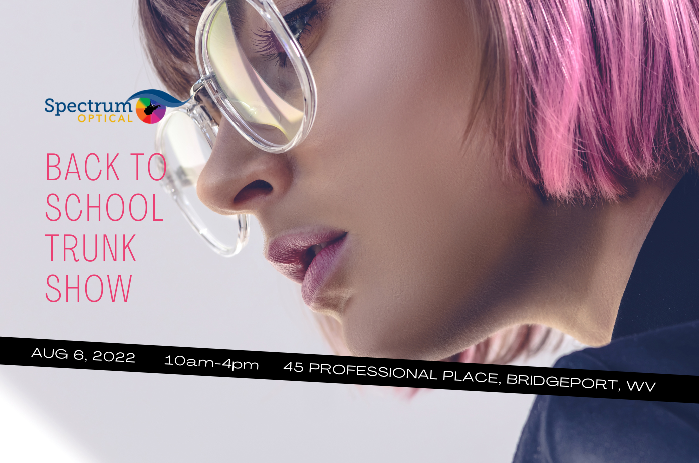 A girl with pink hair and clear eye glasses frames is shown behind pink text that announces a back to school trunk show