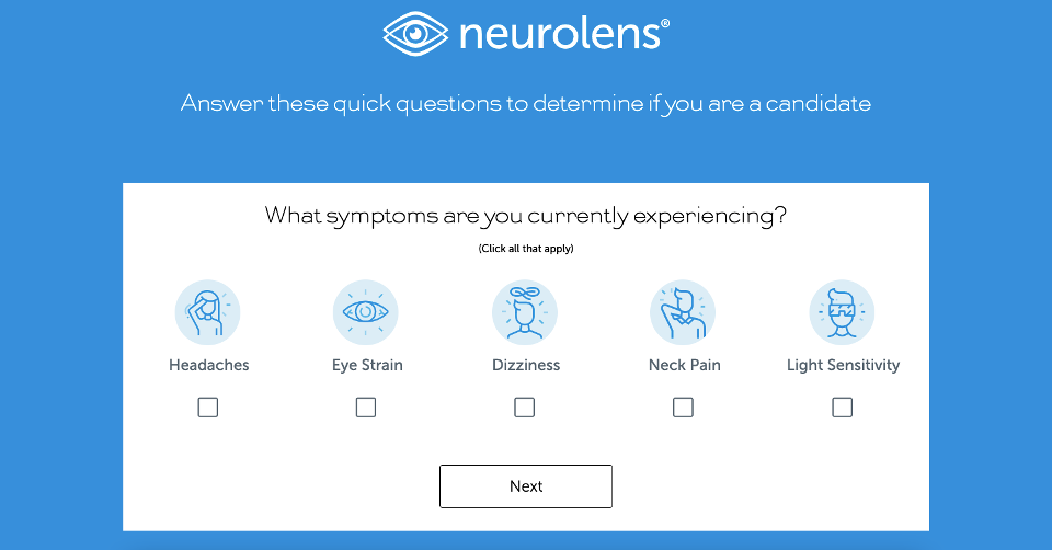 A symptom checker asks questions about headaches, stiffness, eye pain, and dryness.