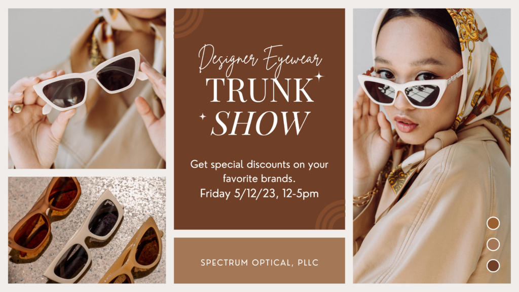A woman wears chunky white sunglasses next to text that reads "Designer Eyewear Trunk Show".