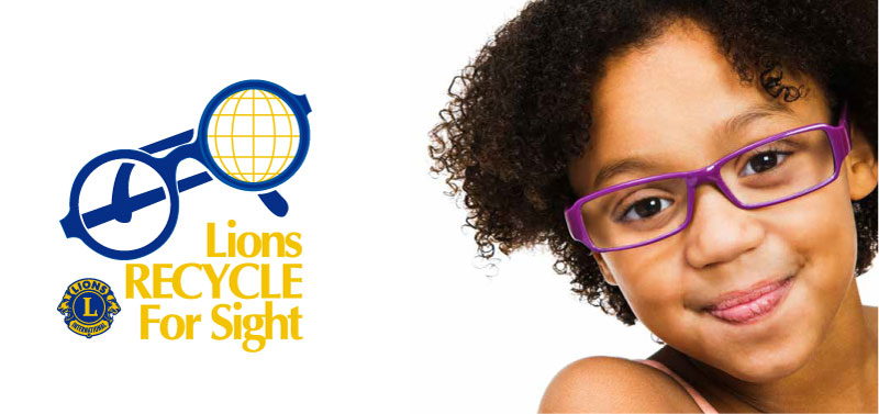 A girl wearing bright purple glasses smiles next to the "Recycle for Sight" logo