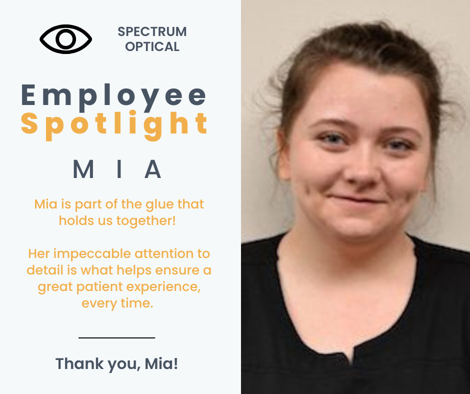 May Employee Spotlight. A photo of a young girl sits next to text that says, "Mia is part of the glue that holds us together."