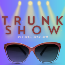 Six spotlights highlight a pair of sunglasses along with the words "Trunk Show"