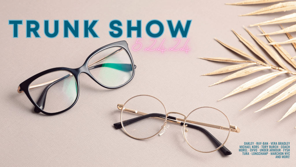 Trunk Show is written above two pairs of eyeglasses on a pink background.